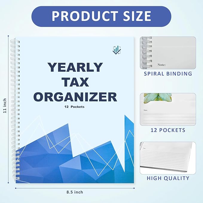 Letter Size Yearly Tax Organizer Book with 12 Separate Pockets Spiral Bound 8.5x11 Tax Document Folder Tax Record Book with Tabs Monthly Bill Receipt Income Tax Organizer System for Home Office Taxes
