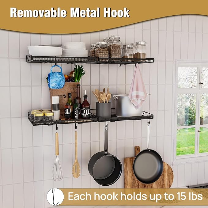 2 Pack Garage Wall Shelf, Garage Wall Mounted Shelving, Heavy Duty Floating Shelves With 4 Hooks, Loads 90 LBS Black Wall Shelves Mesh Storage Rack for Office, Basement, Wall Cabinet and Kitchen