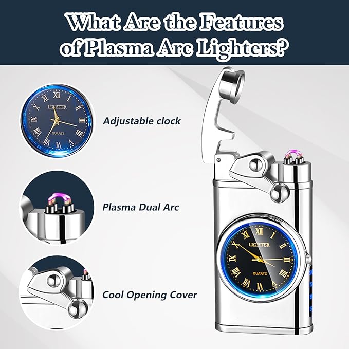 Electric Lighter USB Rechargeable Lighters, Windproof Dual Arc Plasma Lighter, Flameless Electronic Cool Lighters with LED Battery Indication for Men (Silver Clock)