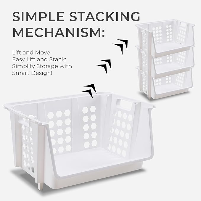 TidyFriend Large Stackable Storage Bins for Pantry - 4 Pack, Stackable Bins For Organizing Food, Kitchen, and Bathroom Essentials (White)