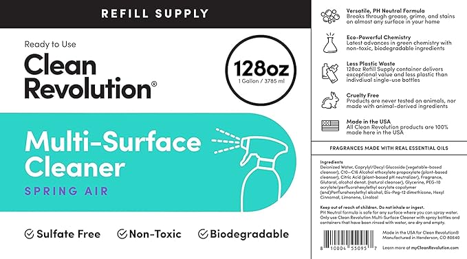 Clean Revolution Multi Surface Cleaner Refill Supply, Non-Toxic, Eco-Friendly & Plant-Based, Ready to Use, Spring Air, 128 Fl Oz (Pack of 4)