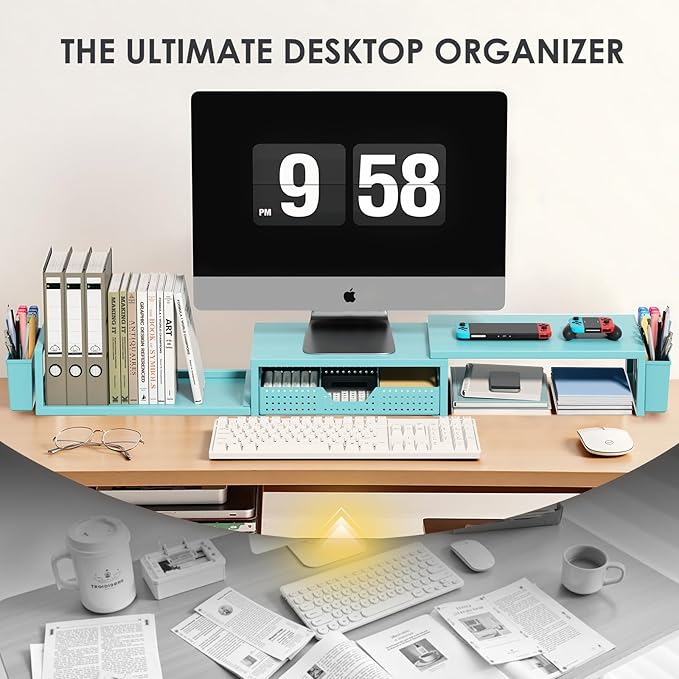 OPNICE Desk Organizers and Accessories, Dual Monitor Stand Riser with Drawer and 2 Pen Holders, Desk Shelf Metal Computer Monitor Stand for Office Workspace Organizers, Desktop Organization (Blue Metal)