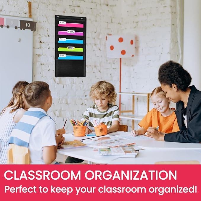 Godery Heavy Duty Storage Pocket Chart for Classroom and Office,Clear Storage Pocket Chart for Files Folder (5 POCKETS)