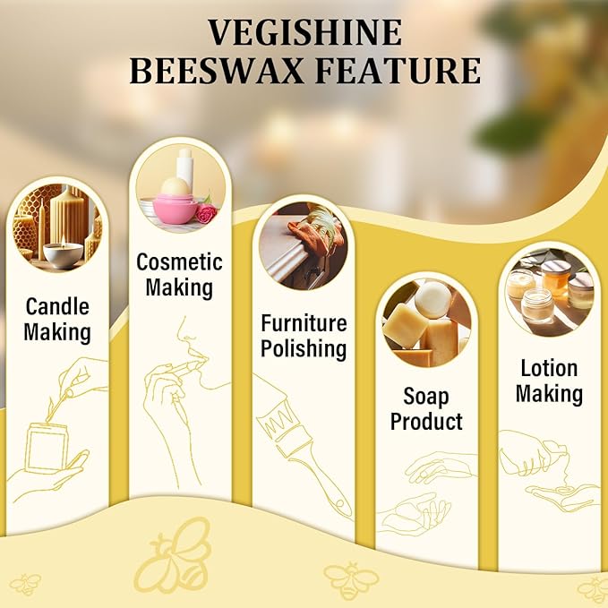 Beeswax pellets 200G/5LB/10LB/20LB, VEGISHINE Pure and Natural Yellow Beeswax for DIY Skin Care, Lip Balm, Polishing, Lotion, Soap, Candle Making Supplies