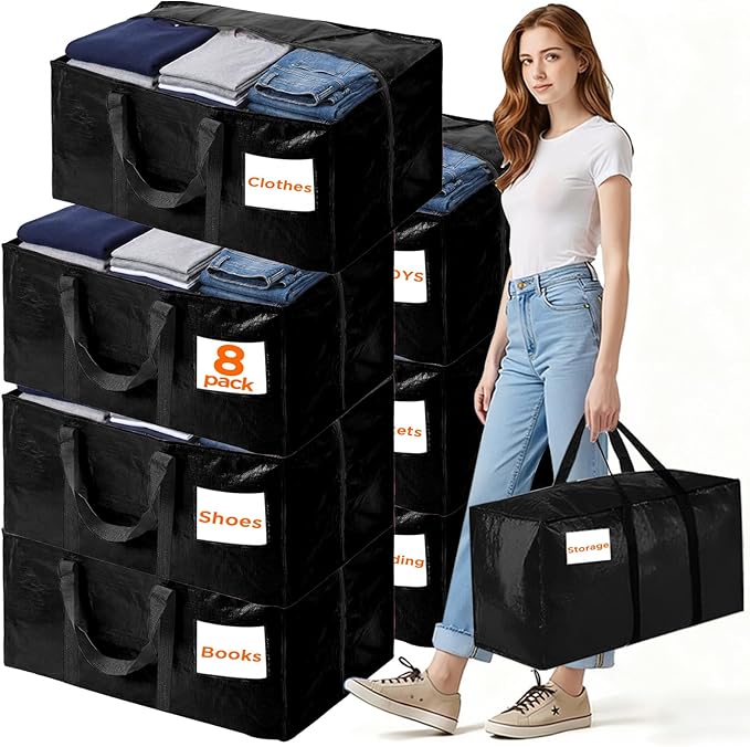 8 Pack Extra Large Moving Bags Heavy Duty Storage Bags with Zipper Handles, BETU Clothes Storage Totes Bins Packing Moving Boxes, Moving Supplies for College Dorm Essentials, Space Saving, Black