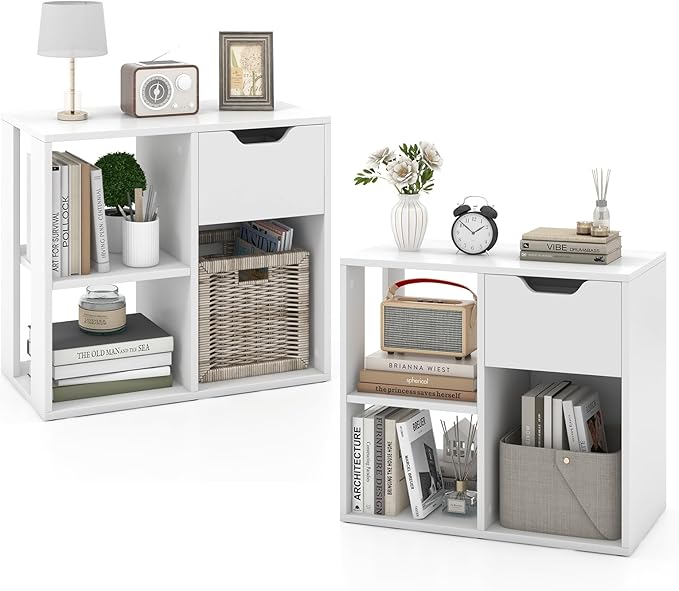 LOKO 3-Cube Bookshelf with Drawer Set of 2, 2-Tier Open Shelf Bookcase, Freestanding Display Shelf, Modern Home Storage Organizer, Shelving Unit for Living Room, Bedroom, Study, Office (2, White)
