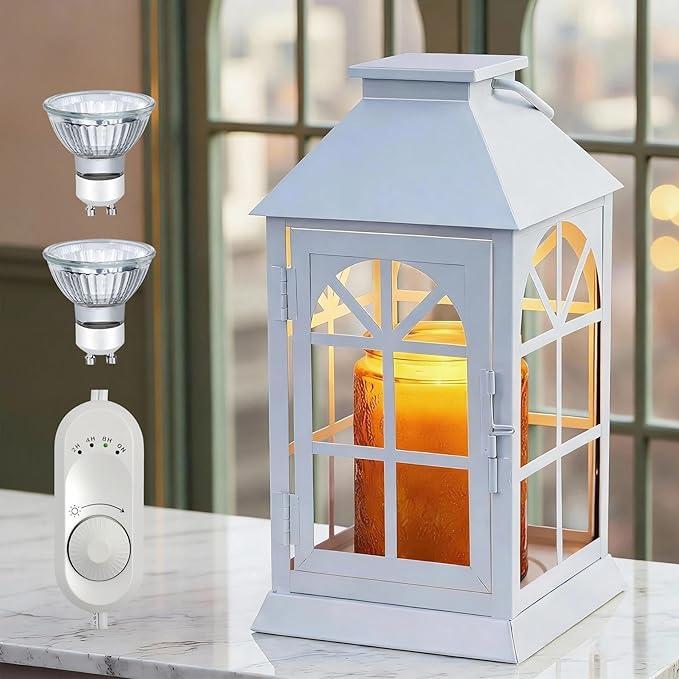 Candle Lamp Warmer with Timer,Compatible with 3 Wick Candles/Large Candel Jars,Electric Candle Warmer Lamp Dimmable Lantern Style,Fully Enclosed Designed and Hanging Up-White