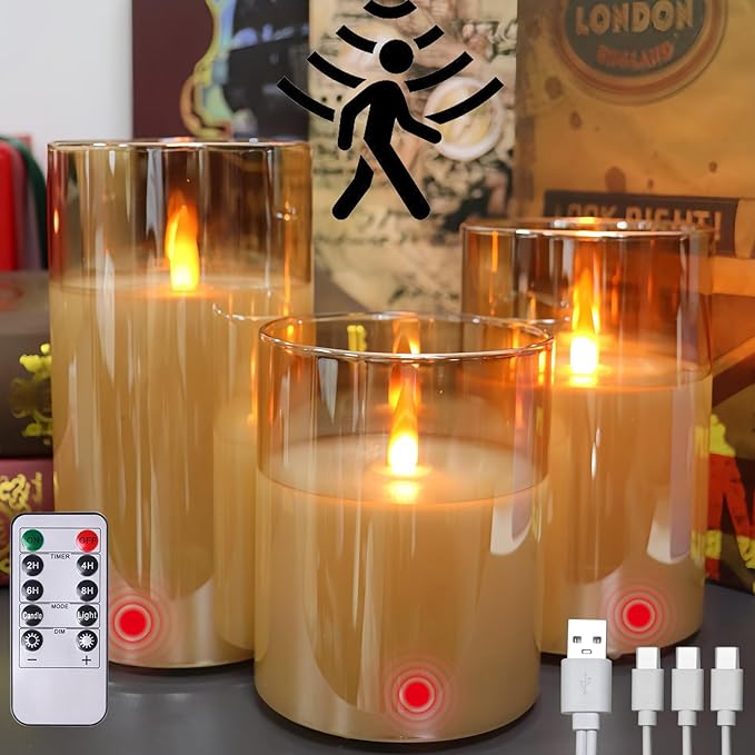 JMTONE Two Months Rechargeable Flameless Candle, Auto Switch On/Off, Rechargeable Glass Candle with Motion Sensor and Remote, Ideal Kids Adults for Home Living Room Decor, Ideal Gift for Women