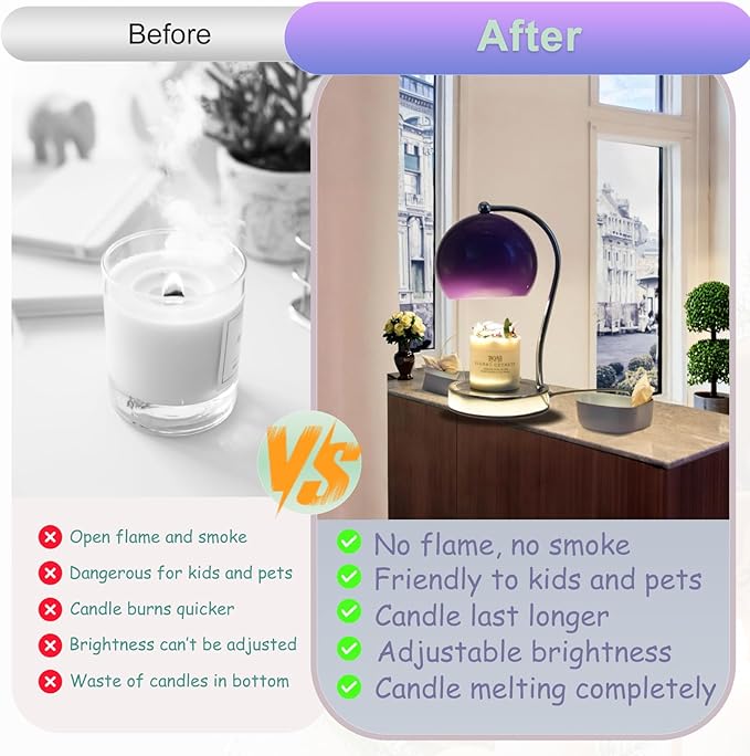 Candle Lamp Warmer, Wide Base Scented Candle Warmer with Timer and Dimmer, Adjustable Candle Melting Lattern, Home Decor Table Lamp (Purple)