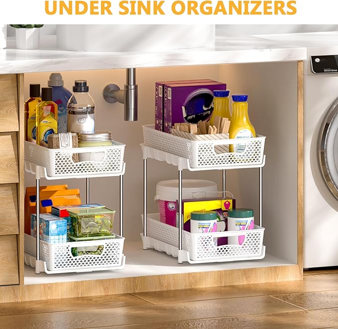 DABIGE 4 Pack Pull Out Bathroom Organizers and Storage, 2 Tier Stackable Under Sink Storage Organizer for Bathroom, Kitchen Cabinet, Pantry, and Medicine Holder, Organization and Storage - White