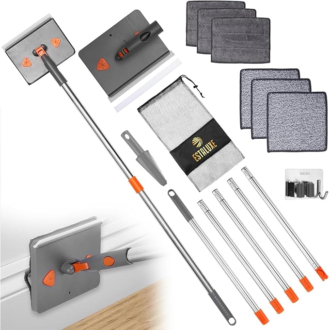 85” Baseboard Cleaner Tool with Handle and Hooks, 180° Rotating Wall Cleaner with Convex Design, Wall Mop with 6 Reusable Pads to Clean Wall, Window, Floor and Ceiling with Extension Poles
