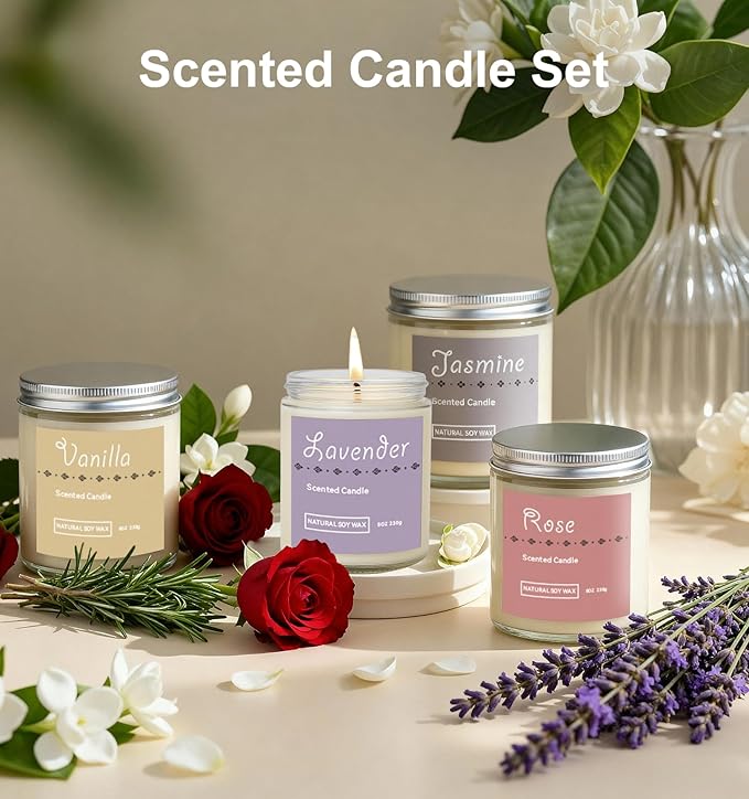 Scented Candle Gift Set, 4 Pack 25oz Soy Wax Candles, 200 Hour Burn Time, Long Lasting Aromatherapy Candles for Home Fragrance, Ideal Gift for Women and Men – Lavender, Jasmine, Rose, Vanilla