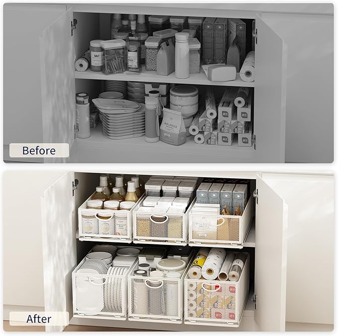 Pull Out Cabinet Organizer, No Drill Adhesive Sliding Drawers for Kitchen, Metal Mesh Wire Storage Shelf for Pantry & Under Sink, White (9.6" W x 11.8" D x 8.4" H)