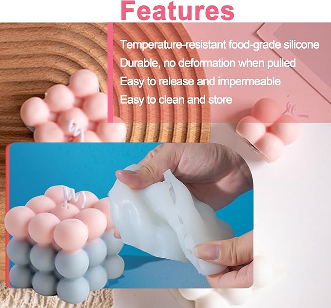 4Pcs Silicone Bubble Candle Molds Set for Making, 3D Cube Mold for Soy Wax, Soap, DIY Scented Candles, Cake