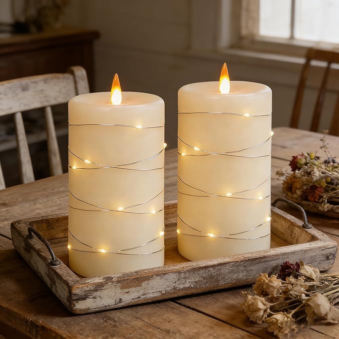 HaitanghuaRechargeable Flameless Candles, LED Candles, Candles with Remote and Timers, Real Wax Pillar Candles, with Flickering Embedded Star String，Ivory White, Set of 2