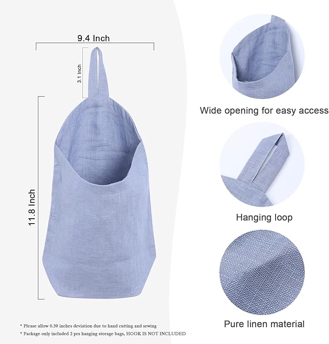 100% Linen Hanging Bags - 2 Pcs, Small Wall Storage Baskets for Kitchen, Bedroom, RV, Camper Organizer, Sewing Room, Nursery, Kids Room, Blue