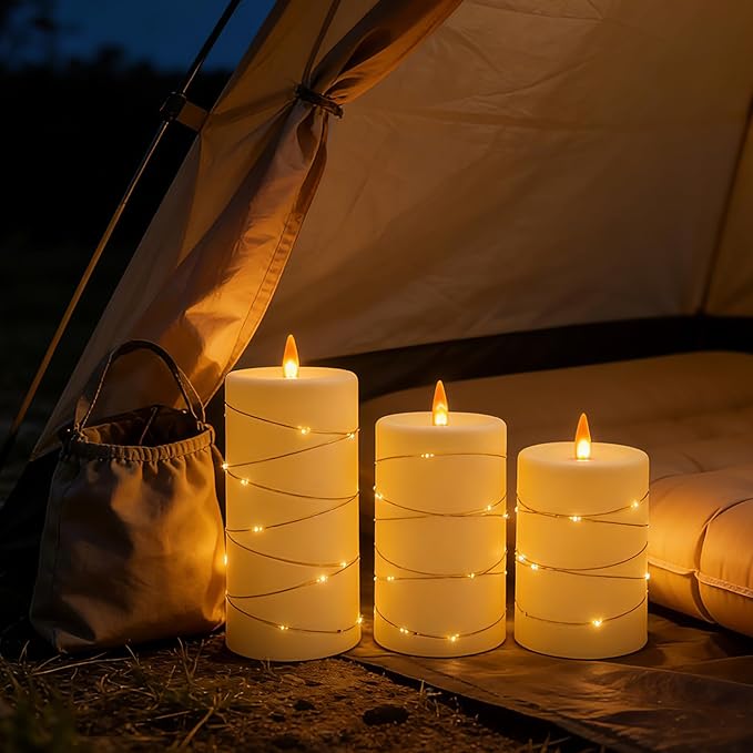 HaitanghuaFlickering flameless Candles, Battery-Powered, with String Lights, Remote Control, Timer, Realistic Plastic Pillar Candles, Ivory White, Set of 3,Durable and Long-Lasting