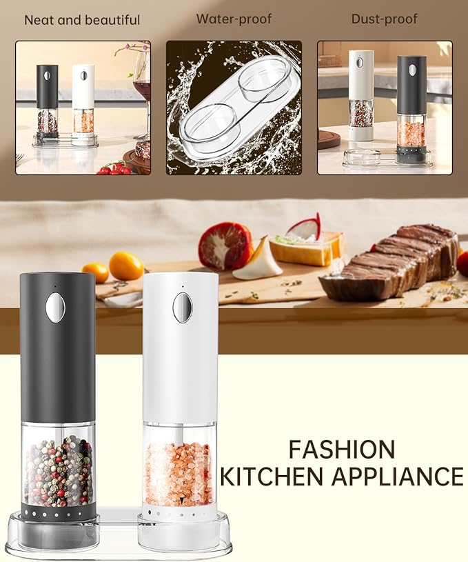 CIRCLE JOY Electric Salt and Pepper Grinder Set Rechargeable Salt and Pepper Mills with 6-Level External Adjustable Coarseness, White LED Light and Storage Base, Black & White