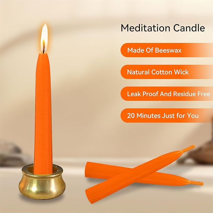 Mini Taper Candle Meditation Candles,Orange 20 Minute Prayer Candlestick Dripless Beeswax Candles with Brass Candle Holder for Yoga & Spiritual Rituals,30-ORA