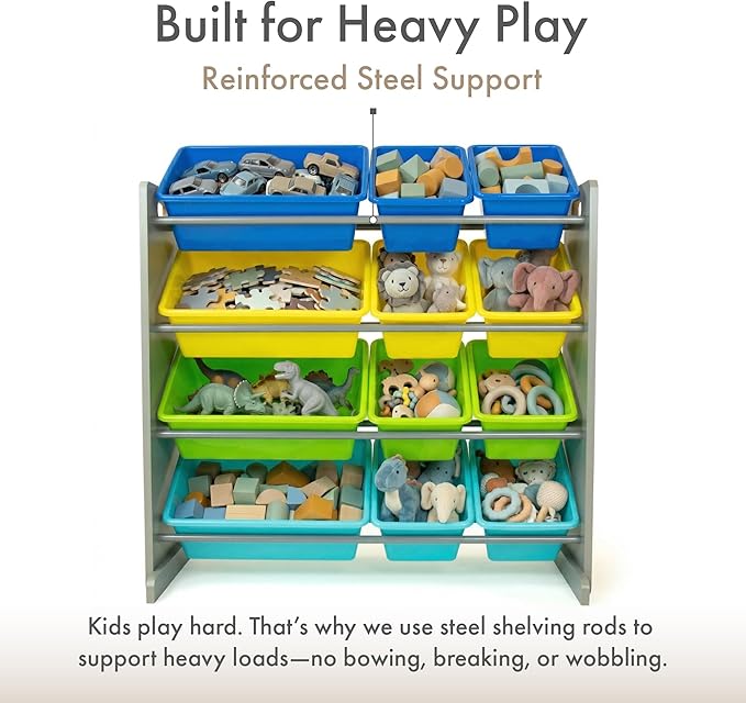 Humble Crew Kids Toy Storage Organizer with 12 Plastic Bins, Grey/Blue/Green/Yellow – Removable Bins for Playroom, Bedroom, Toddler Furniture for Boys and Girls Ages