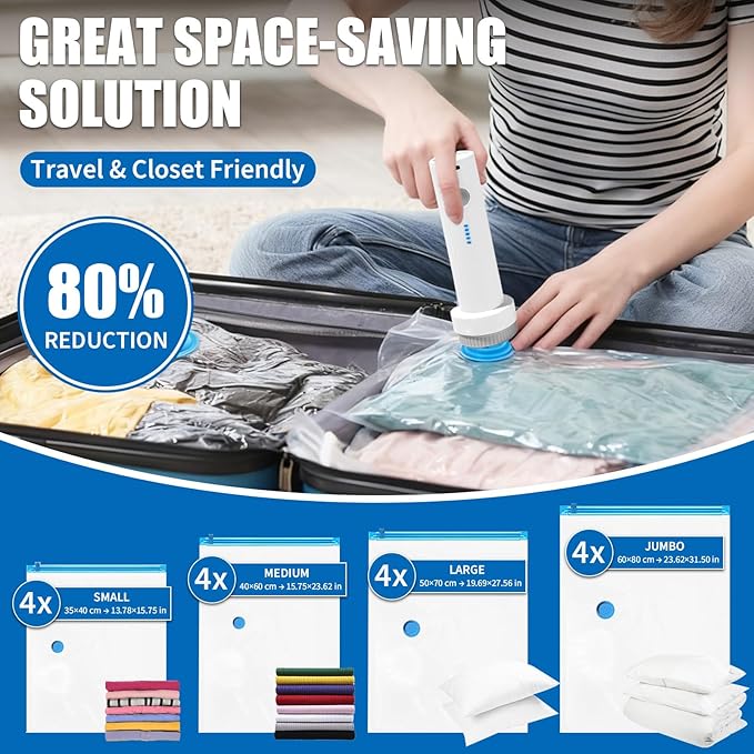 Vacuum Seal Bags for Clothing Travel, 16 Pack Vacuum Storage Bags for Clothes with Portable Electric Pump,4 Small + 4 Medium + 4 Large + 4 Jumbo Space Saver Bags for Luggage Traveling and Clothing