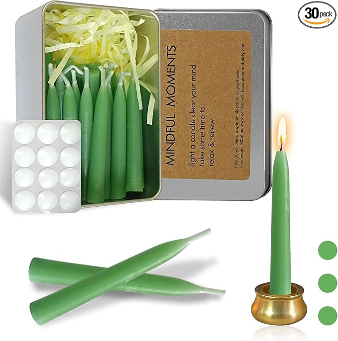 Mini Taper Candle Meditation Candles,20 Minute Prayer Green Candlestick Dripless Beeswax Candles with Brass Candle Holder for Yoga & Spiritual Ritual,30P-Gr