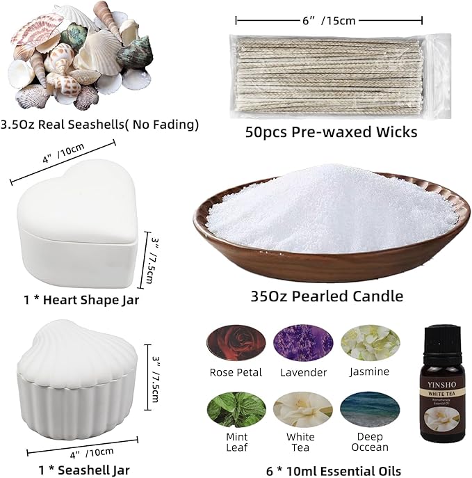 Pansyling 35oz Pearled Candle Wax Sand Crafting Set for Beginner,All-in-One Scented Candle Making Kits with 6 Essential Oils,2 Plaster Containers,50 Wicks & Seashells,DIY Powder Candles(White)