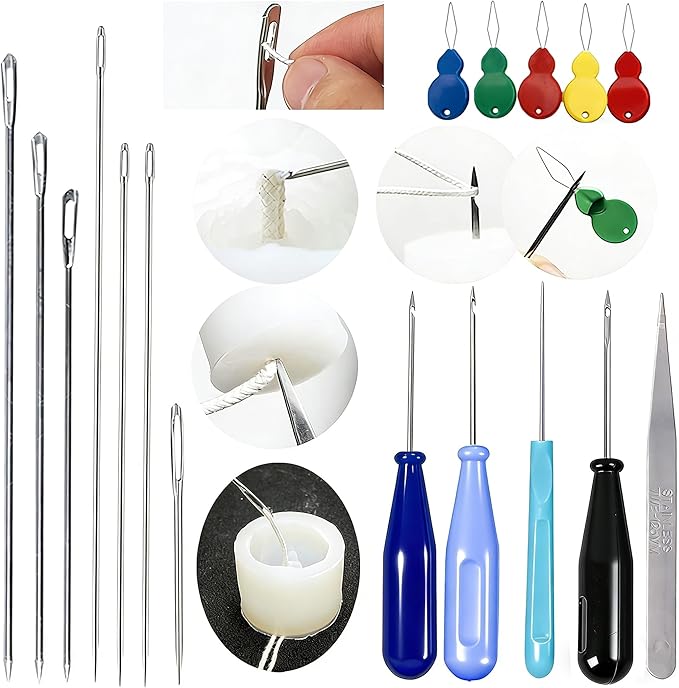TYMKLMZG 17PCS Big Hole Long Needle for Silicone Taper molds,Hook Punch Needle, Candle Tool Inserting Wick,Awl for Candle Making,Long Needle to Poke Hole in Silicone Mold