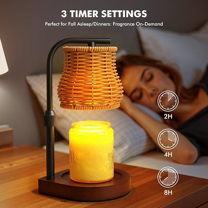 Candle Warmer Lamp with Timer & Dimmer - Electric Wax Melt Warmer with Adjustable Height for Scented Candles, Rattan Design for Home Decor, Ideal Gift for Women, Housewarming (Gold)