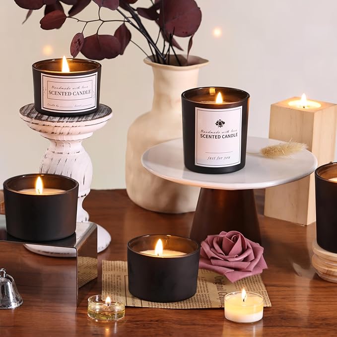 sunnyfuture 16 Pack Matte Black Candle Jars, 8pcs 7oz + 8pcs 4oz Candle Jars for Making Candles with Wooden Lids and Labels for DIY, Gifts, Home