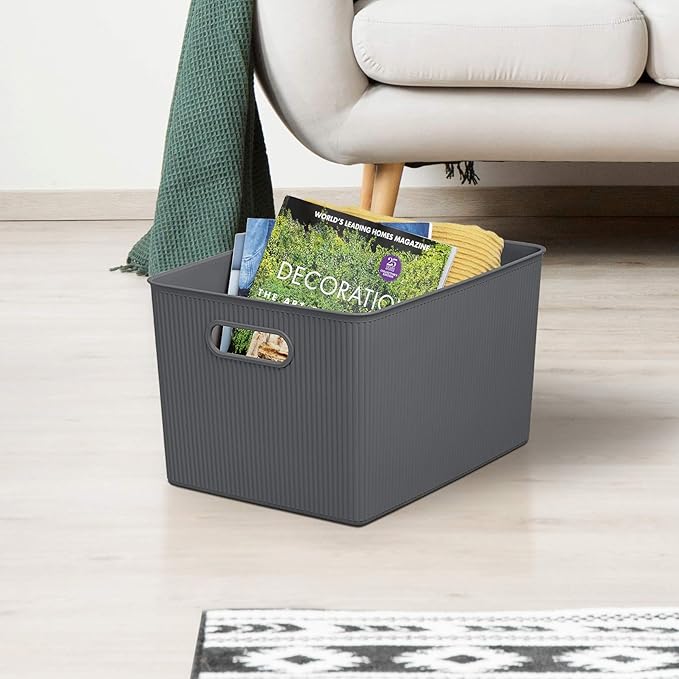 Superio Ribbed Collection - Decorative Plastic Basket Open Home Storage Bins Organizer, X-Large Grey (6 Pack) Container Boxes for Organizing Closet Storage Bins for Shelves 22 Liter/23 Quart