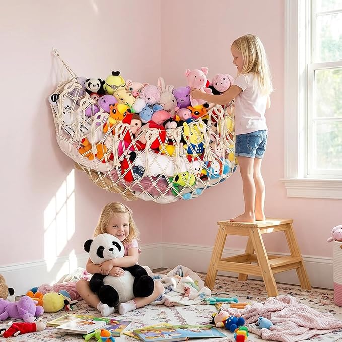 Stuffed Animal Net or Hammock XL for Flat Wall Mounted Handmade Macrame Toy Display Hanging Plush Toy Net for Stuff Animal Storage(Cream)