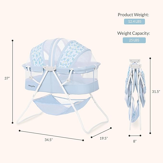 Dream On Me Karley Bassinet, Award Winner Lightweight Travel Baby Bassinet, Foldable Bedside Sleeper, Adjustable Double Canopy, Spacious Design, Soft Fabric, Storage Basket – Light Blue