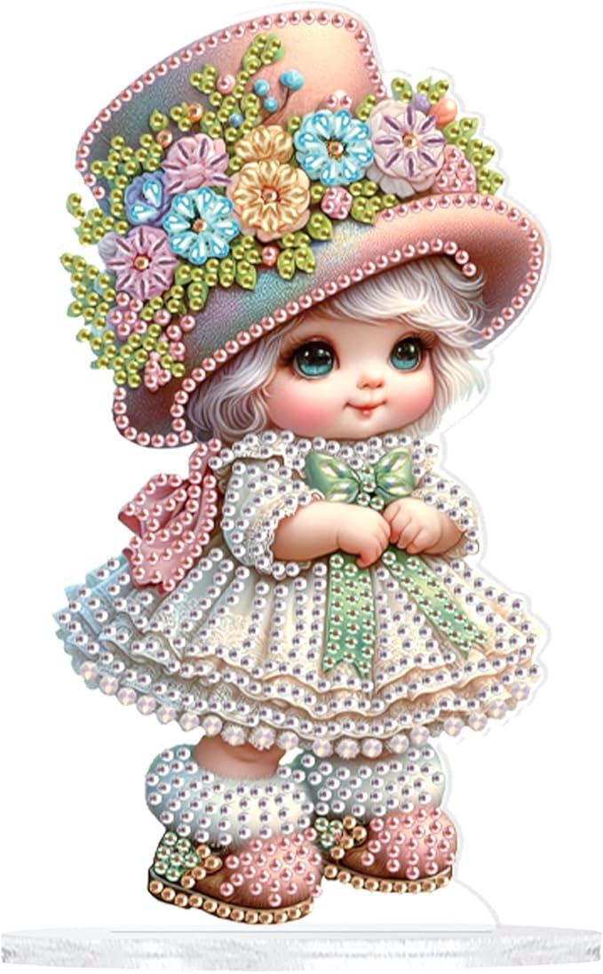 antor 5D Cute Diamond Art Painting Tabletop Ornament Kit, Acrylic DIY Diamond Art Desktop Ornaments Doll Figurine with Floral Hat, Special Shaped Crystal Diamond Painting Table Top Home Office Decor