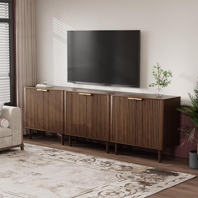 IKALIFE Sideboard Buffet Cabinet with Storage, Modern Fluted Accent Credenza with Doors & Adjustable Shelves, Wood Coffee Bar Console Table for Living Room, Dining Room, Kitchen, Entryway 31.5"Walnut