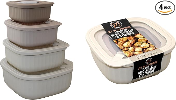 Set of 4 BPA-Free Square Food Storage Containers Vented Lids Assorted Sizes, Microwave & Freezer Safe Nesting Design for Leftovers Meal Prep Fridge Organization Dry Grains (Ivory)