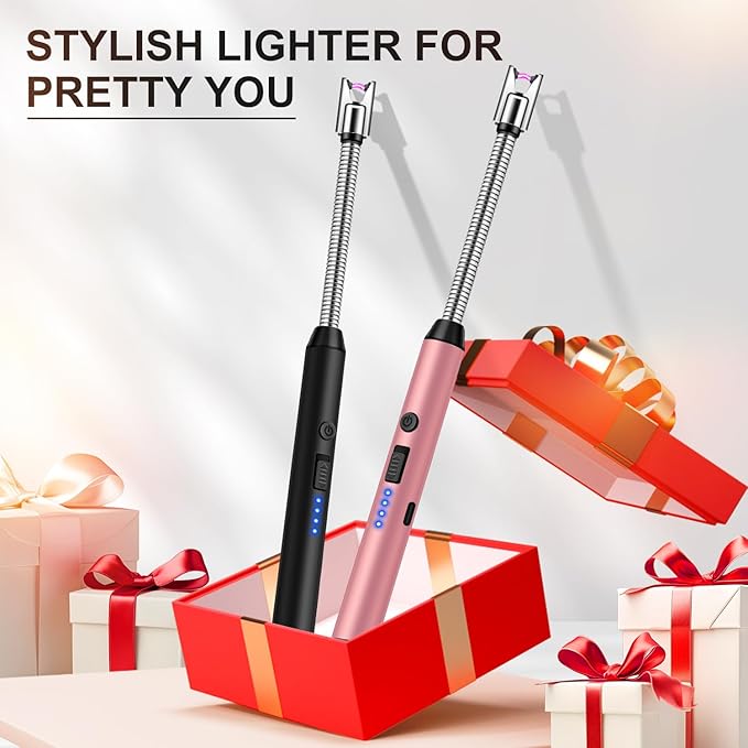 LcFun 3 Pack Electric Candle Lighter Windproof USB Rechargeable Plasma Lighter with LED Battery Display, Flameless Long Arc Lighters for Candle Grill BBQ Camping Stove (Black,Silver,Pink)