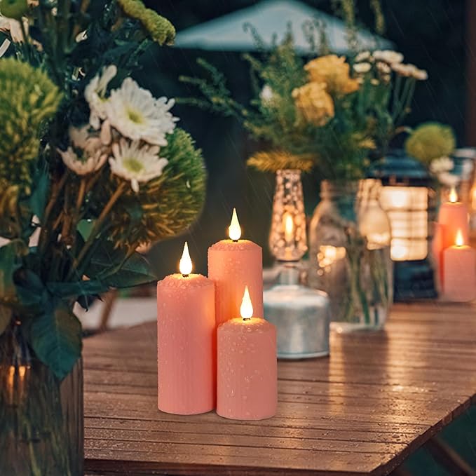 yunsheng Rechargeable Flameless Candles with Remote Timer, in/Outdoor Waterproof LED Flickering Pillar Candles Set of 6 (D2 x H4/5.5/6.5"), Battery Operated Pink Plastic Roman Column Candles