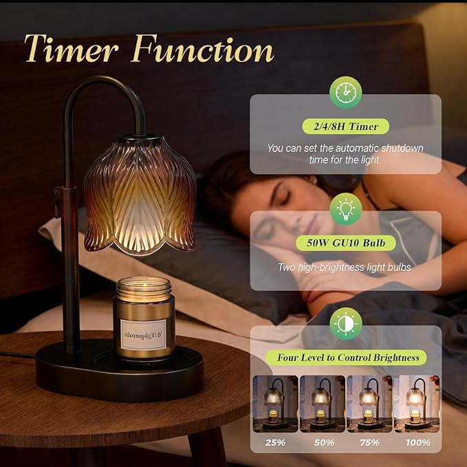 Candle Warmer Lamp with Adjustable Height - Flameless 4-Level Dimmable Wax Warmer, Timer Function & Stylish Design in Multiple Colors (Black07)