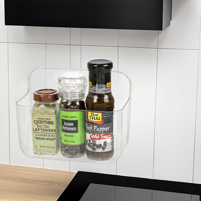 Wall Mounted Storage Organizer Bins Organizing Shelf Basket Clear Plastic Makeup Organizer Adhesive Hanging Bin Fridge Organizer for Bathroom,Kitchen,Cabinet,Pantry,Countertops (L(7×3.9×5.5"))