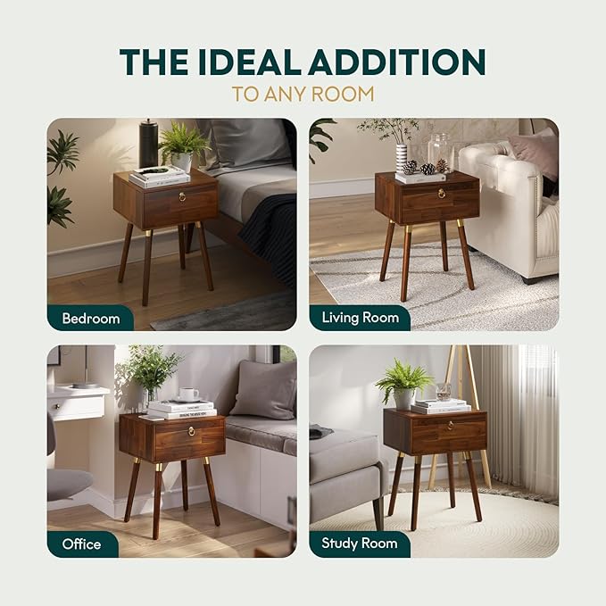 Bme Alden Solid Wood Nightstand/Side Table/End Table, Fully Assembled, with 1-Drawer for Mid Century Bedroom and Living Room, (12mm), Dark Chocolate