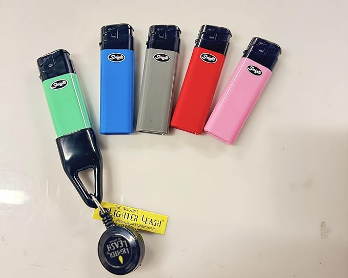 Scripto Electronic Lighters with Lighter Leash, Push Button Assorted Colors, Pack of 5 Lighters and 1 Original Leashes