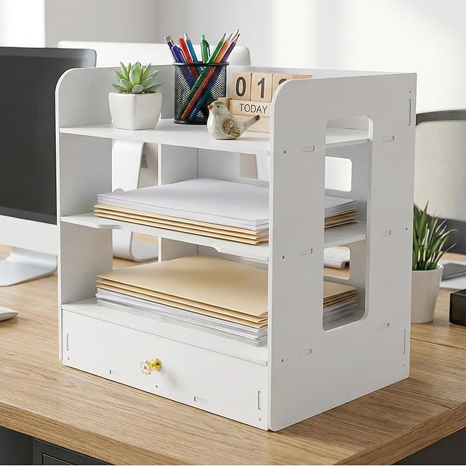 Desk Organizer, 3-Tier File Organizer for Desk with Drawer, Letter Tray Paper, Desktop Document Sorter for Letter, File Folder Holder for Office, Home or School- White MLT002W3