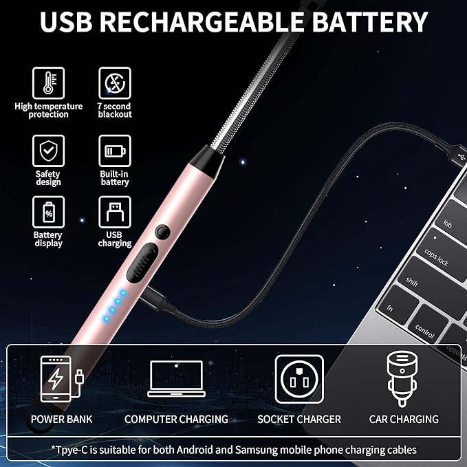 2-Pack Rechargeable Electric Candle Lighters, Flameless Windproof Long Lighter with 360° Flexible Neck and LED Display for Candles, Camping, BBQ & Fireplace (Rose Gold)
