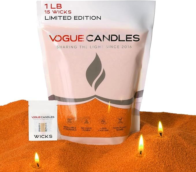 Vogue Candles Orange Pearled Candle Sand Wax (1 LB) – Mother’s Day Candle Kit with 15 Cotton Wicks for DIY Home Lighting – Plant-Based & Reusable Wax Granules Refill for Clean Burning & Custom Vessels
