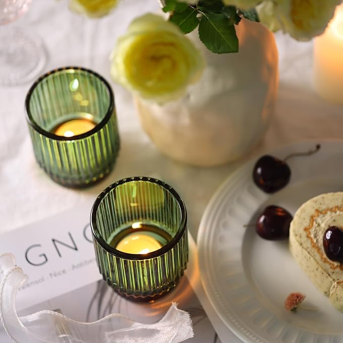 DEVI 7oz Empty Green Ribbed Glass Candle Jars - Set of 8, Glass Candle Containers with Bamboo Lids, Bulk Supplies for Gifts & Wedding Decorations