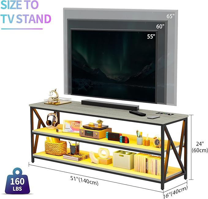 Lvifur RGB TV Stand up to 65''Televisions, TV Console Table with Wireless Charging Station,Entertainment Center with Human Body Sensor and Storage Shelves for Living Room，Bedroom(Oak)