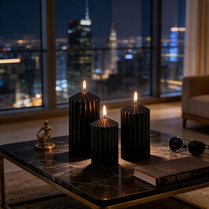 3 Pack Black Ribbed Pillar Candles - Soy Wax Unscented, 2.76" x4.2/4.9/5.9 in Smokeless Non Toxic Cotton Wick, Aesthetic Modern Candles for Home Decor, Dinner Table, Living Room, Housewarming Gift