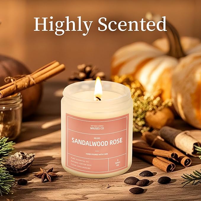 Sandalwood Rose Candle for Home Scented| Natural Soy Non Toxic Candles| Long Clean Burning Aromatheraphy Jar Candel| Women,Men Gift for Autumn,Winter, Halloween,Thanksgiving,Relaxing| 9oz