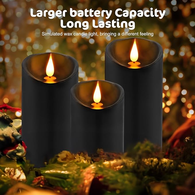 ALED LIGHT Black Real Wax Rechargeable Candles Flickering Realistic,Flameless Candles Rechargeable with Remote for Home Decor Idea Gift，Pack 3(D 3”X H 4”5”6”)